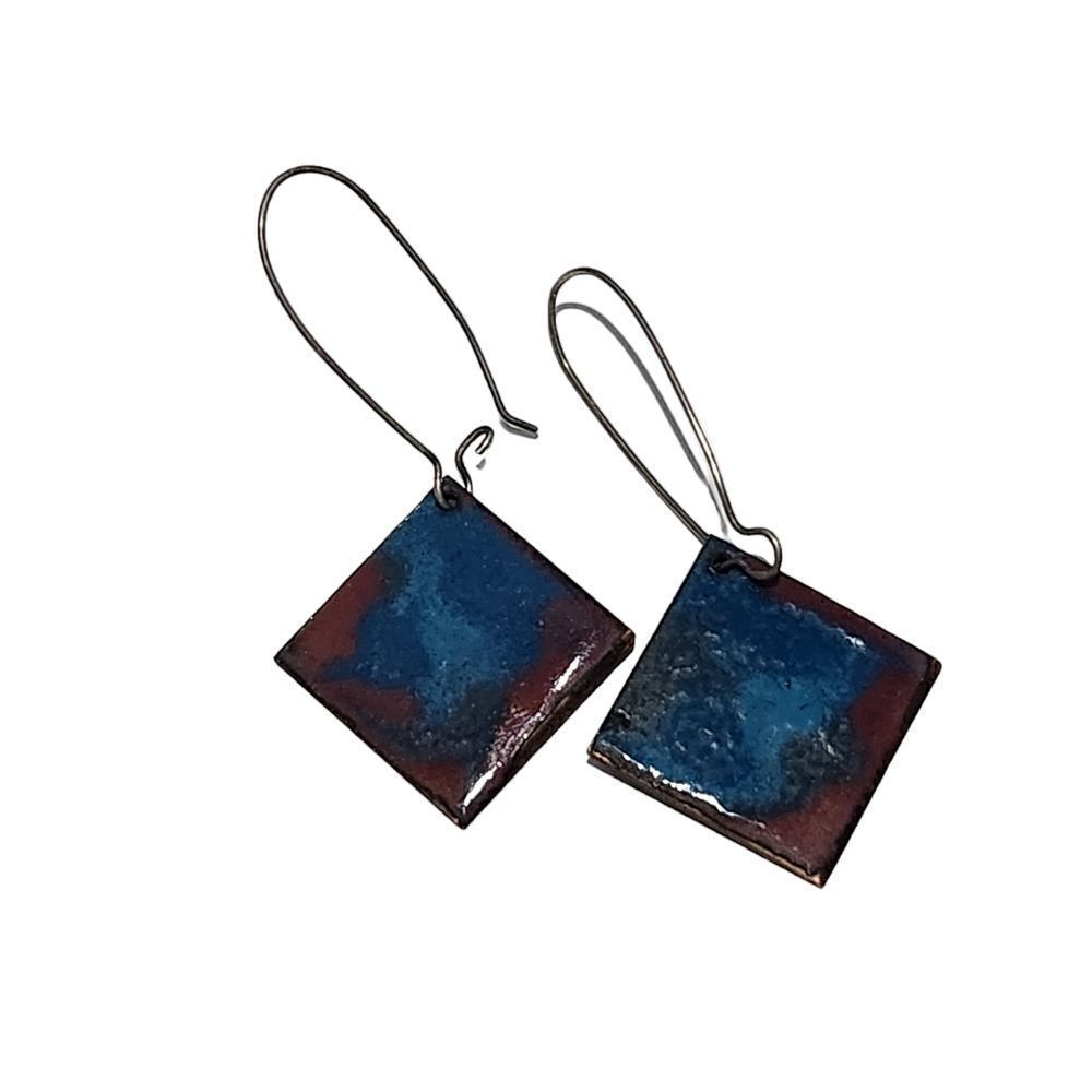 Pair of Earrings Copper Squares Drop Glazed Colorful Front